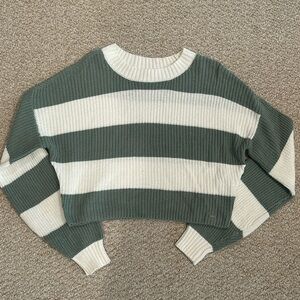 Hollister Cropped Sage Green Striped Sweater Size S